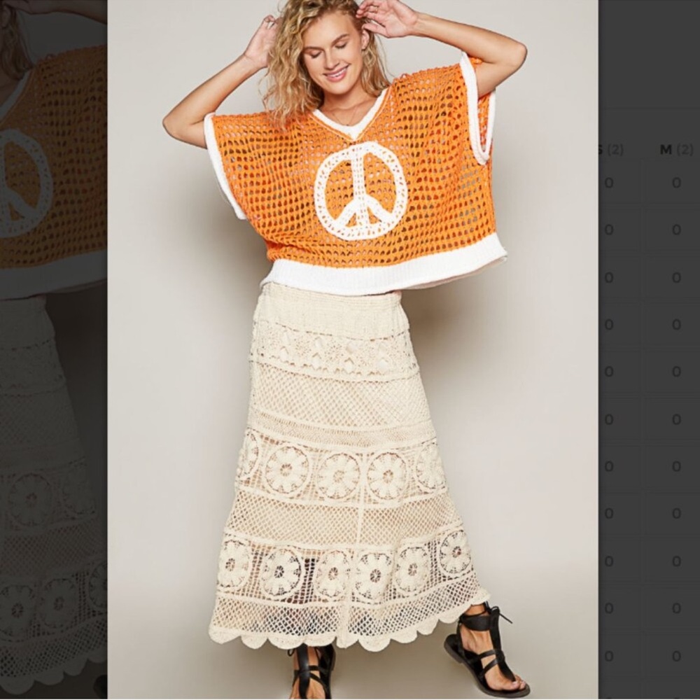 POL Dreamsicle Open Weave Crochet Peace Sign Sweater Size Small - Picture 9 of 14